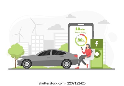 Electric car charging station with person, solar panels, electric vehicle and wind turbines and city background, future innovative technology and alternative save energy concept. Vector illustration