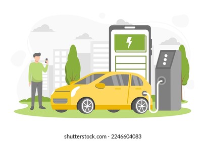 Electric car charging station with person, solar energy, electric vehicle and city background, future innovative technology and alternative save energy concept. Vector illustration