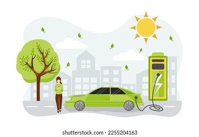 Electric car charging station with person, solar energy, electric vehicle and city background, future innovative technology and alternative save energy concept. Vector illustration