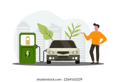 Electric car charging station with person, solar energy, electric vehicle and city background, future innovative technology and alternative save energy concept. Vector illustration