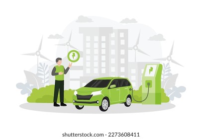 Estación de carga de automóviles eléctricos con personas, paneles solares, turbinas de vehículos eléctricos y eólicas y fondo de la ciudad, tecnología innovadora futura y concepto de ahorro de energía alternativo. Ilustración del vector