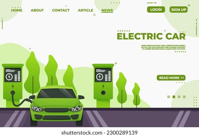 Electric car charging station with person, solar energy, electric vehicle and city background, future innovative technology and alternative save energy concept. Web banner. Vector illustration