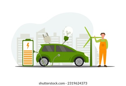 Electric car charging station with person, solar panels, electric vehicle and wind turbines and city background, future innovative technology and alternative save energy concept. Vector illustration