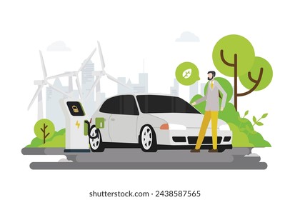 Electric car charging station with person, solar panels, electric vehicle and wind turbines and city background, future innovative technology and alternative save energy concept. Vector illustration