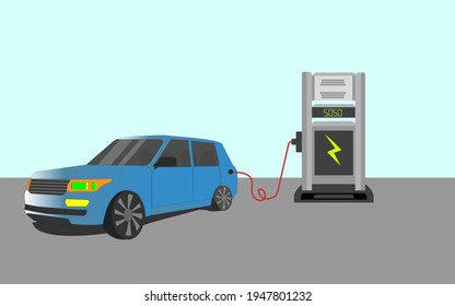 The electric car is charging at the station. physics-electromagnetism