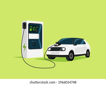 Electric car at charging station. The car is plugged into the electric vehicle charging station on the green background.