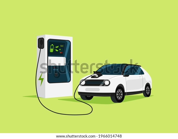Electric car at charging station. The car is\
plugged into the electric vehicle charging station on the green\
background.