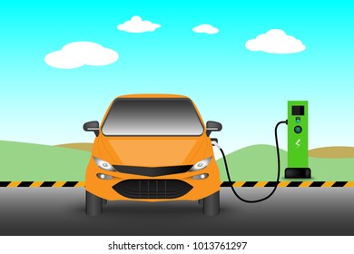 Electric car and charging station point., Technology EV, Automobile concept.