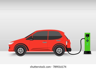 Electric car and charging station point., Technology EV, Automobile concept.
