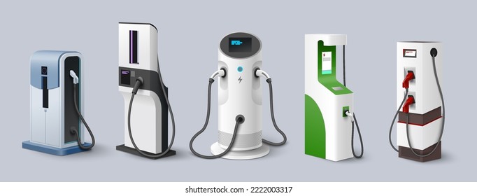 Electric car charging station realistic icon set. Isolated vector charger for vehicle. Battery, plug and cable for electromobile recharge illustration. Charge point for automobile. Green energy svg