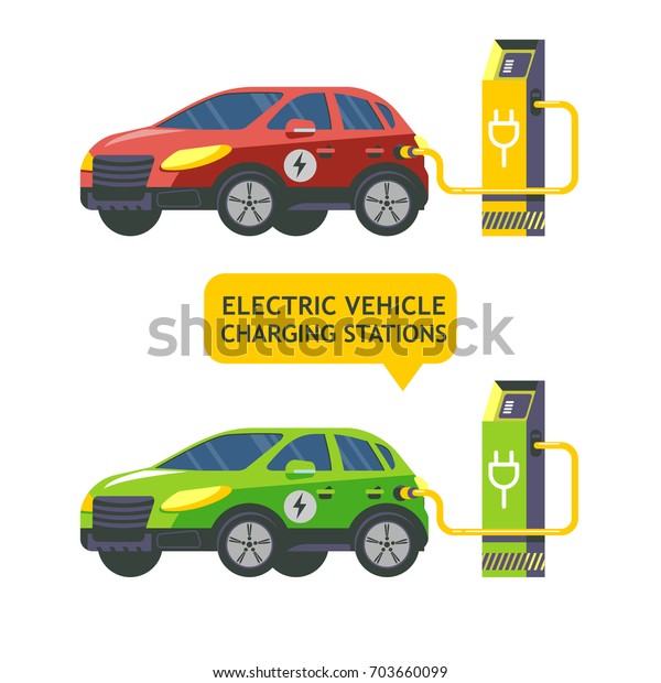 Electric car at a charging\
station. Service electric vehicles. Vector illustration. Flat\
style.