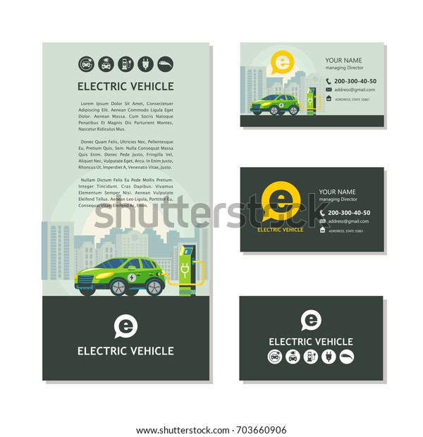 Electric car\
at a charging station. Service electric vehicles. Corporate\
identity, car show, flyer, business\
cards.