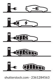 Electric car at charging station. side view electric car silhouette outline icon logo. EV charging battery concept. Vector illustration