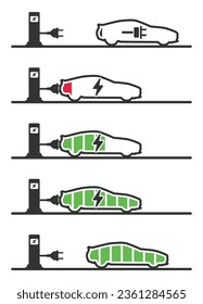 Electric car at charging station. side view electric car silhouette outline icon logo. EV charging battery concept. Vector illustration