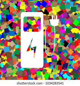 Electric car charging station sign. Vector. White icon on colorful background with seamless pattern from squares.