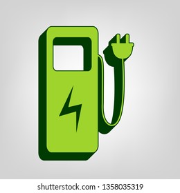 Electric car charging station sign. Vector. Yellow green solid icon with dark green external body at light colored background.
