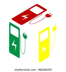 Electric car charging station sign. Isometric style of red, green and yellow icon.