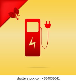 Electric car charging station sign. Cristmas design red icon on gold background.