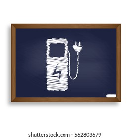 Electric car charging station sign. White chalk icon on blue school board with shadow as background. Isolated.