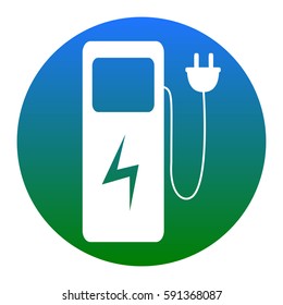 Electric car charging station sign. Vector. White icon in bluish circle on white background. Isolated.