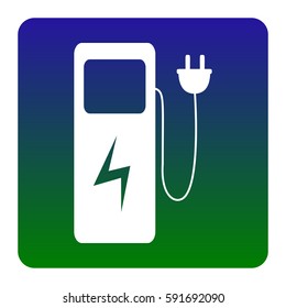 Electric car charging station sign. Vector. White icon at green-blue gradient square with rounded corners on white background. Isolated.