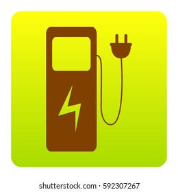 Electric car charging station sign. Vector. Brown icon at green-yellow gradient square with rounded corners on white background. Isolated.