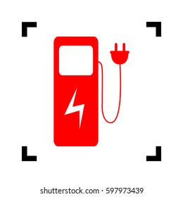 Electric car charging station sign. Vector. Red icon inside black focus corners on white background. Isolated.