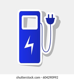 Electric car charging station sign. Vector. New year bluish icon with outside stroke and gray shadow on light gray background.