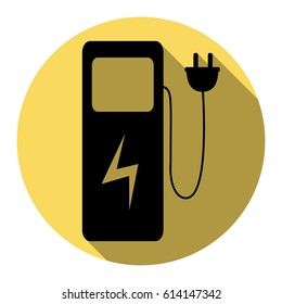 Electric car charging station sign. Vector. Flat black icon with flat shadow on royal yellow circle with white background. Isolated.