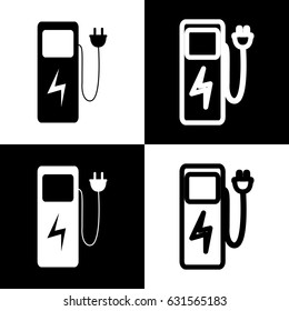 Electric car charging station sign. Vector. Black and white icons and line icon on chess board.
