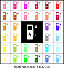 Electric car charging station sign. Vector. Felt-pen 33 colorful icons at white and black backgrounds. Colorfull.