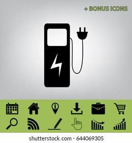 Electric car charging station sign. Vector. Black icon at gray background with bonus icons at celery ones