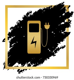 Electric car charging station sign. Vector. Golden icon at black spot inside golden frame on white background.