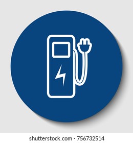 Electric car charging station sign. Vector. White contour icon in dark cerulean circle at white background. Isolated.