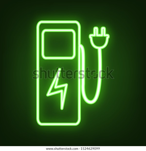 Electric car charging station\
sign. Green neon icon in the dark. Blurred lightening.\
Illustration.
