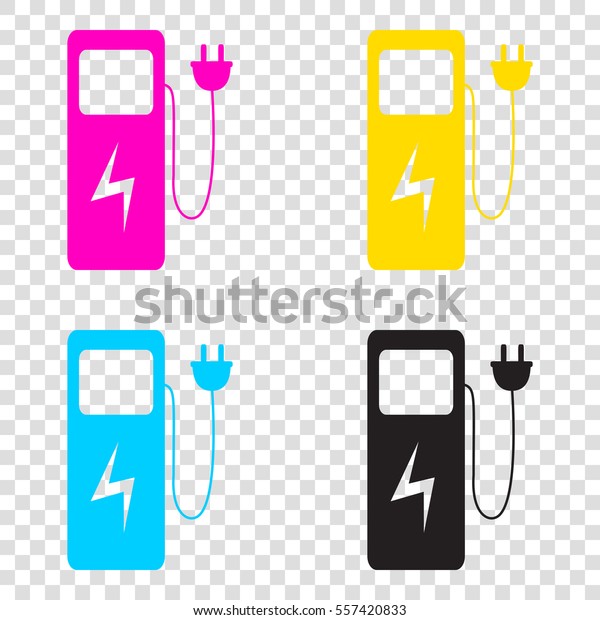 Electric car charging\
station sign. CMYK icons on transparent background. Cyan, magenta,\
yellow, key, black.