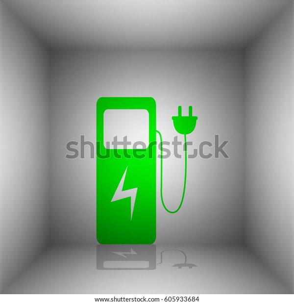Electric car charging station sign. Vector. Green\
icon with shadow in the\
room.
