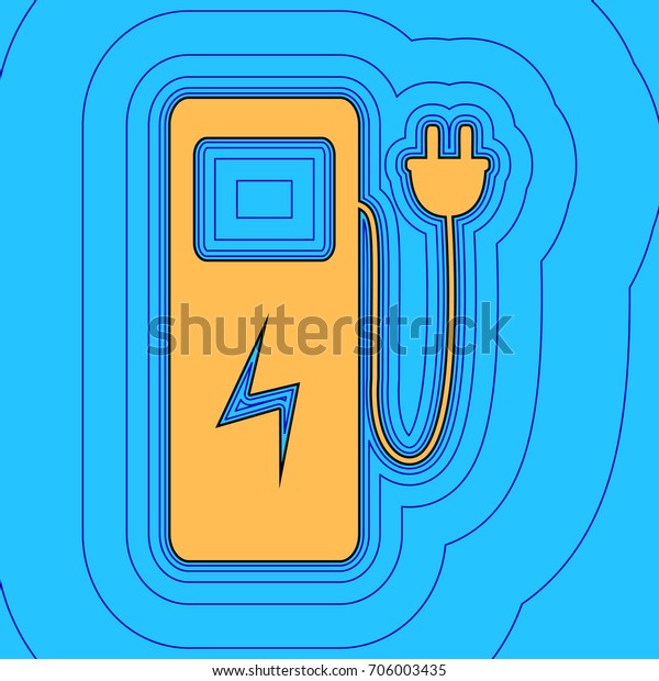 Electric car charging station sign. Vector. Sand\
color icon with black contour and equidistant blue contours like\
field at sky blue background. Like waves on map - island in ocean\
or sea.