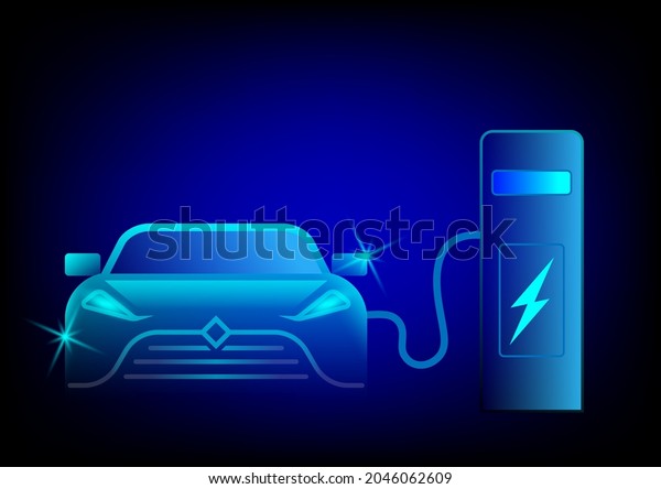 Electric\
car at the charging station, electric car silhouette with blue\
glowing on dark background,  Vector\
illustration