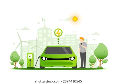 Electric car charging station, Smart city with vehicle technology net zero emission and eco friendly, Environmental care and use clean green energy from renewable sources and low carbon concept.