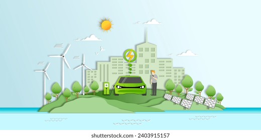 Estación de carga de automóviles eléctricos, Ciudad inteligente con tecnología de vehículos sin emisiones netas y respetuosa con el medio ambiente, cuidado ambiental y uso de energía verde limpia de fuentes renovables y concepto de bajas emisiones de carbono.