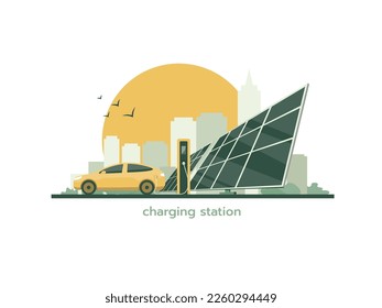 Electric car is charging. Charging station and solar panels on the background of the cityscape.