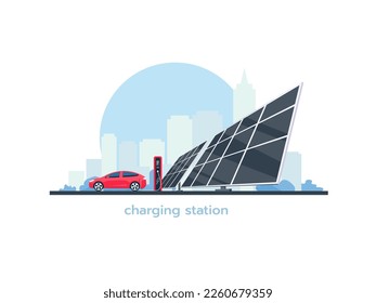 Electric car is charging. Charging station and solar panels on the background of the cityscape.