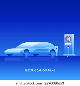 Electric car charging at the station, solar panels, wind turbines and city in the background, innovative technology and alternative energy concept