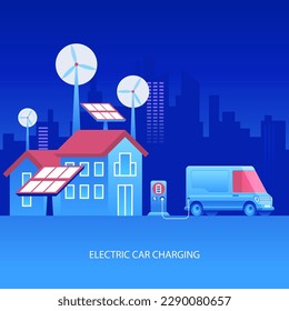 Electric car charging at the station, solar panels, wind turbines and city in the background, innovative technology and alternative energy concept