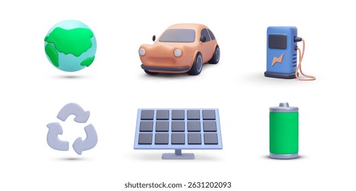 Electric Car, Charging Station, Solar Panel, Battery, Recycle Symbol And Earth Globe In 3D Style Representing Clean Energy And Eco Transport Concept. Vector Illustration