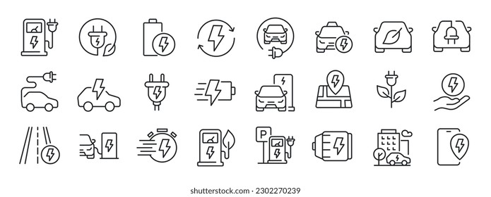 Electric car, charging station thin line icons. For website marketing design, logo, app, template, ui, etc. Vector illustration.