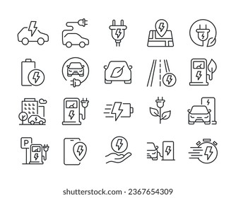 Electric car, charging station thin line icons. For website marketing design, logo, app, template, ui, etc. Vector illustration.