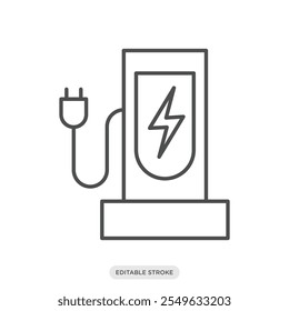 Electric car charging station with thunderbolt icon, electric vehicle, environment, nature symbol on white background - vector illustration
