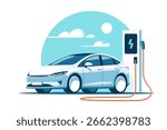 Electric car at charging station. Vector illustration in minimalist style.